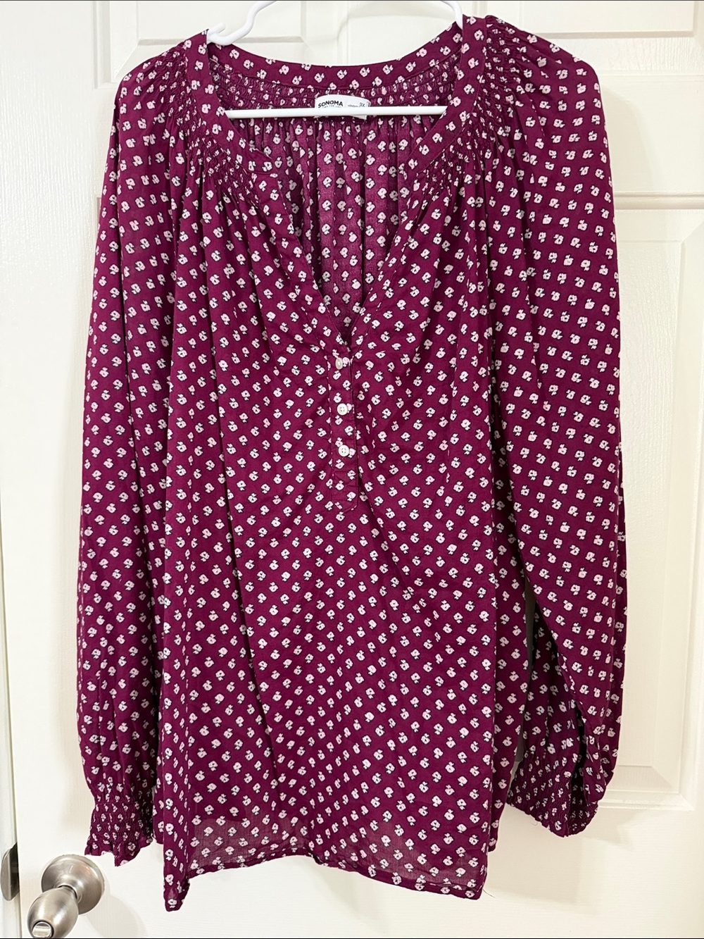 Sonoma Y Neck Long Sleeve Ditsy Floral Woven Blouse
